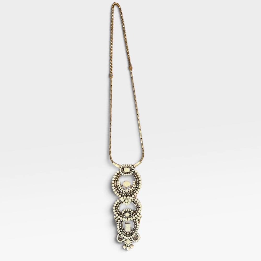 Stella & Dot Gold Tone Cream Stone Statement Drop Necklace Boho Tribal Ornate